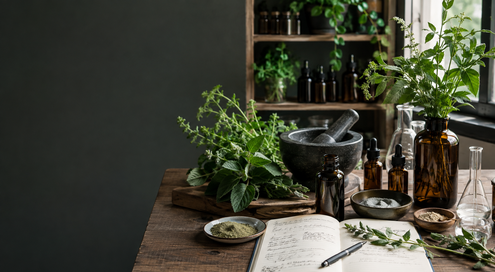 Fresh medicinal herbs, amber apothecary glass and formulation tools