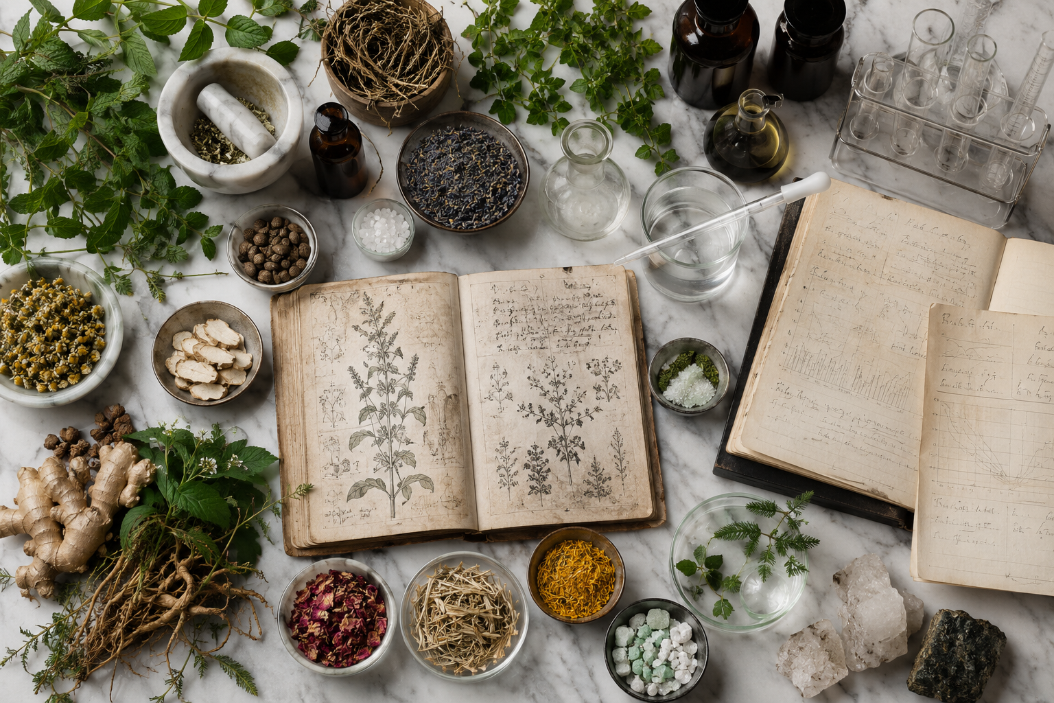 Botanicals, minerals and modern formulation glassware arranged for clinical study